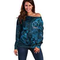 Personalised Polynesia Zodiac Pisces Off Shoulder Sweater Galaxy Polynesian Pattern Chest Tattoo Style LT14 Women Blue - Polynesian Pride