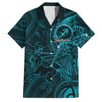 Personalised Polynesia Zodiac Sagittarius Family Matching Off Shoulder Short Dress and Hawaiian Shirt Galaxy Polynesian Pattern Chest Tattoo Style LT14 Dad's Shirt - Short Sleeve Cyan - Polynesian Pride