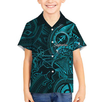 Personalised Polynesia Zodiac Sagittarius Family Matching Off Shoulder Short Dress and Hawaiian Shirt Galaxy Polynesian Pattern Chest Tattoo Style LT14 Son's Shirt Cyan - Polynesian Pride