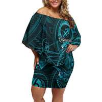 Personalised Polynesia Zodiac Sagittarius Off Shoulder Short Dress Galaxy Polynesian Pattern Chest Tattoo Style LT14 Women Cyan - Polynesian Pride