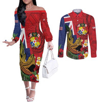 Hawaii And Tonga Couples Matching Off The Shoulder Long Sleeve Dress and Long Sleeve Button Shirt Shark Tattoo With Tongan Coat Of Arms
