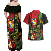 Hawaii And Tonga Couples Matching Off Shoulder Maxi Dress and Hawaiian Shirt King Kamehameha Tribal Ngatu Pattern