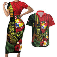 Hawaii And Tonga Couples Matching Short Sleeve Bodycon Dress and Hawaiian Shirt King Kamehameha Tribal Ngatu Pattern