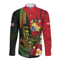Hawaii And Tonga Long Sleeve Button Shirt King Kamehameha Tribal Ngatu Pattern LT14 Unisex Red - Polynesian Pride