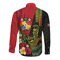 Hawaii And Tonga Long Sleeve Button Shirt King Kamehameha Tribal Ngatu Pattern LT14 - Polynesian Pride