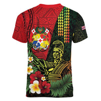 Hawaii And Tonga Women V-Neck T-Shirt King Kamehameha Tribal Ngatu Pattern LT14 - Polynesian Pride