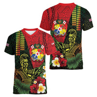 Hawaii And Tonga Women V-Neck T-Shirt King Kamehameha Tribal Ngatu Pattern LT14 - Polynesian Pride