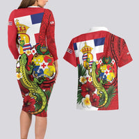 Hawaii And Tonga Couples Matching Long Sleeve Bodycon Dress and Hawaiian Shirt King Kalakaua Tribal Gecko Tongan Ngatu
