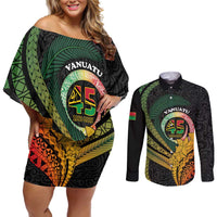 Personalised Vanuatu Independence Day Couples Matching Off Shoulder Short Dress and Long Sleeve Button Shirt July 30 Pig Tusk Long God Yumi Stanap