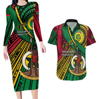 Halo Vanuatu Couples Matching Long Sleeve Bodycon Dress and Hawaiian Shirt Happy 46th Independence Anniversary LT14 Black - Polynesian Pride
