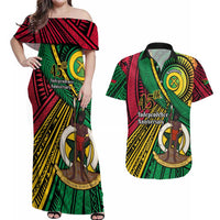 Halo Vanuatu Couples Matching Off Shoulder Maxi Dress and Hawaiian Shirt Happy 46th Independence Anniversary LT14 Black - Polynesian Pride