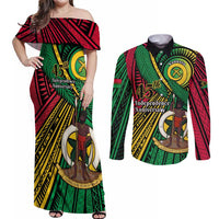 Halo Vanuatu Couples Matching Off Shoulder Maxi Dress and Long Sleeve Button Shirt Happy 45th Independence Anniversary