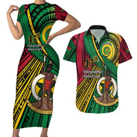 Halo Vanuatu Couples Matching Short Sleeve Bodycon Dress and Hawaiian Shirt Happy 46th Independence Anniversary LT14 Black - Polynesian Pride