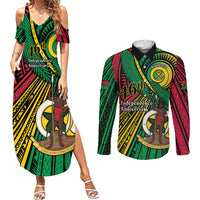 Halo Vanuatu Couples Matching Summer Maxi Dress and Long Sleeve Button Shirt Happy 46th Independence Anniversary LT14 Black - Polynesian Pride