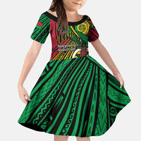 Halo Vanuatu Family Matching Off The Shoulder Long Sleeve Dress and Hawaiian Shirt Happy 46th Independence Anniversary LT14 Daughter's Dress Black - Polynesian Pride