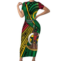 Halo Vanuatu Family Matching Short Sleeve Bodycon Dress and Hawaiian Shirt Happy 46th Independence Anniversary LT14 Mom's Dress Black - Polynesian Pride