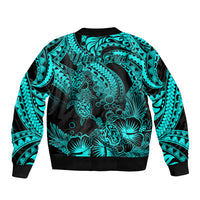 Personalised Polynesian Bomber Jacket Tribal Honu Turtle with Hibiscus Turquoise Version LT14 - Polynesian Pride