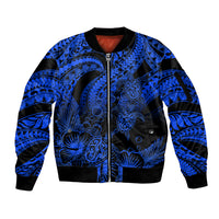 Personalised Polynesian Sleeve Zip Bomber Jacket Tribal Honu Turtle with Hibiscus Blue Version LT14 Unisex Blue - Polynesian Pride