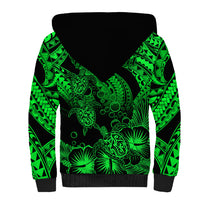 Personalised Polynesian Sherpa Hoodie Tribal Honu Turtle with Hibiscus Green Version LT14 - Polynesian Pride