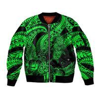 Personalised Polynesian Sleeve Zip Bomber Jacket Tribal Honu Turtle with Hibiscus Green Version LT14 Unisex Green - Polynesian Pride