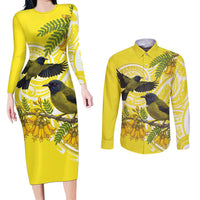Bellbird New Zealand Couples Matching Long Sleeve Bodycon Dress and Long Sleeve Button Shirt Korimako Kowhai Maori Pattern