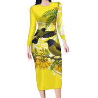 Bellbird New Zealand Family Matching Long Sleeve Bodycon Dress and Hawaiian Shirt Korimako Kowhai Maori Pattern