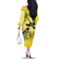 Bellbird New Zealand Family Matching Off The Shoulder Long Sleeve Dress and Hawaiian Shirt Korimako Kowhai Maori Pattern