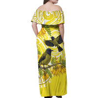 Bellbird New Zealand Family Matching Off Shoulder Maxi Dress and Hawaiian Shirt Korimako Kowhai Maori Pattern