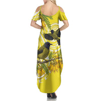 Bellbird New Zealand Family Matching Summer Maxi Dress and Hawaiian Shirt Korimako Kowhai Maori Pattern
