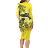 Bellbird New Zealand Long Sleeve Bodycon Dress Korimako Kowhai Maori Pattern