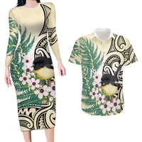 Endemic Tomtit New Zealand Couples Matching Long Sleeve Bodycon Dress and Hawaiian Shirt Miromiro Manuka Silver Fern Maori Pattern