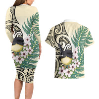 Endemic Tomtit New Zealand Couples Matching Long Sleeve Bodycon Dress and Hawaiian Shirt Miromiro Manuka Silver Fern Maori Pattern