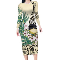 Endemic Tomtit New Zealand Family Matching Long Sleeve Bodycon Dress and Hawaiian Shirt Miromiro Manuka Silver Fern Maori Pattern
