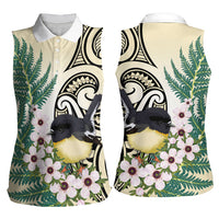 Endemic Tomtit New Zealand Women Sleeveless Polo Shirt Miromiro Manuka Silver Fern Maori Pattern
