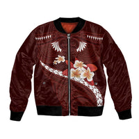 Oxblood Polynesia Bomber Jacket Tribal Pattern Tropical Frangipani