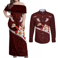 Oxblood Polynesia Couples Matching Off Shoulder Maxi Dress and Long Sleeve Button Shirt Tribal Pattern Tropical Frangipani