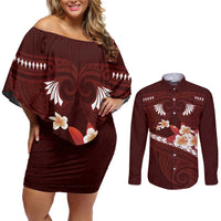 Oxblood Polynesia Couples Matching Off Shoulder Short Dress and Long Sleeve Button Shirt Tribal Pattern Tropical Frangipani
