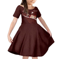 Oxblood Polynesia Family Matching Off The Shoulder Long Sleeve Dress and Hawaiian Shirt Tribal Pattern Tropical Frangipani LT14 Daughter's Dress Oxblood - Polynesian Pride