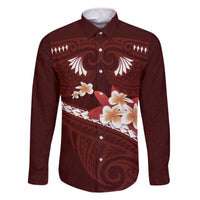 Oxblood Polynesia Family Matching Off The Shoulder Long Sleeve Dress and Hawaiian Shirt Tribal Pattern Tropical Frangipani LT14 Dad's Shirt - Long Sleeve Oxblood - Polynesian Pride