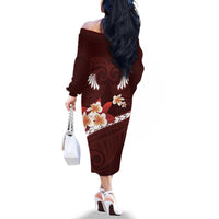 Oxblood Polynesia Family Matching Off The Shoulder Long Sleeve Dress and Hawaiian Shirt Tribal Pattern Tropical Frangipani LT14 - Polynesian Pride