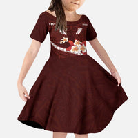 Oxblood Polynesia Kid Short Sleeve Dress Tribal Pattern Tropical Frangipani