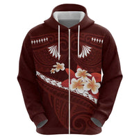 Oxblood Polynesia Zip Hoodie Tribal Pattern Tropical Frangipani LT14 - Polynesian Pride