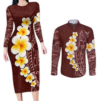 Oxblood Tropical Plumeria With Galaxy Polynesian Art Couples Matching Long Sleeve Bodycon Dress and Long Sleeve Button Shirt