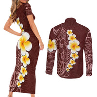 Oxblood Tropical Plumeria With Galaxy Polynesian Art Couples Matching Short Sleeve Bodycon Dress and Long Sleeve Button Shirt