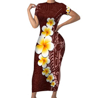 Oxblood Tropical Plumeria With Galaxy Polynesian Art Short Sleeve Bodycon Dress LT14 Long Dress Oxblood - Polynesian Pride