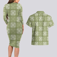 Vesuvian Green Palaka Quilt Hawaii Couples Matching Long Sleeve Bodycon Dress and Hawaiian Shirt Traditional Hawaii-plaid Pattern - Polynesian Pride