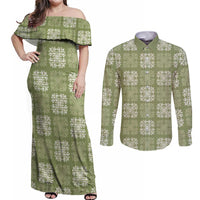 Vesuvian Green Palaka Quilt Hawaii Couples Matching Off Shoulder Maxi Dress and Long Sleeve Button Shirt Traditional Hawaii-plaid Pattern - Polynesian Pride
