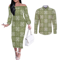 Vesuvian Green Palaka Quilt Hawaii Couples Matching Off The Shoulder Long Sleeve Dress and Long Sleeve Button Shirt Traditional Hawaii-plaid Pattern - Polynesian Pride