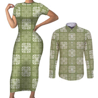 Vesuvian Green Palaka Quilt Hawaii Couples Matching Short Sleeve Bodycon Dress and Long Sleeve Button Shirt Traditional Hawaii-plaid Pattern - Polynesian Pride