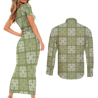 Vesuvian Green Palaka Quilt Hawaii Couples Matching Short Sleeve Bodycon Dress and Long Sleeve Button Shirt Traditional Hawaii-plaid Pattern - Polynesian Pride